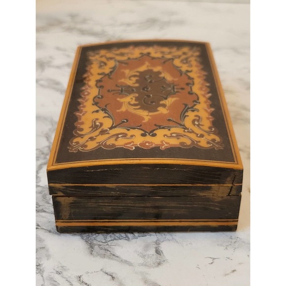 Lacquered Wood Box Marketry Inlaid Domed Hinged Handmade Jewelry Cigarette Box - Picture 6 of 10